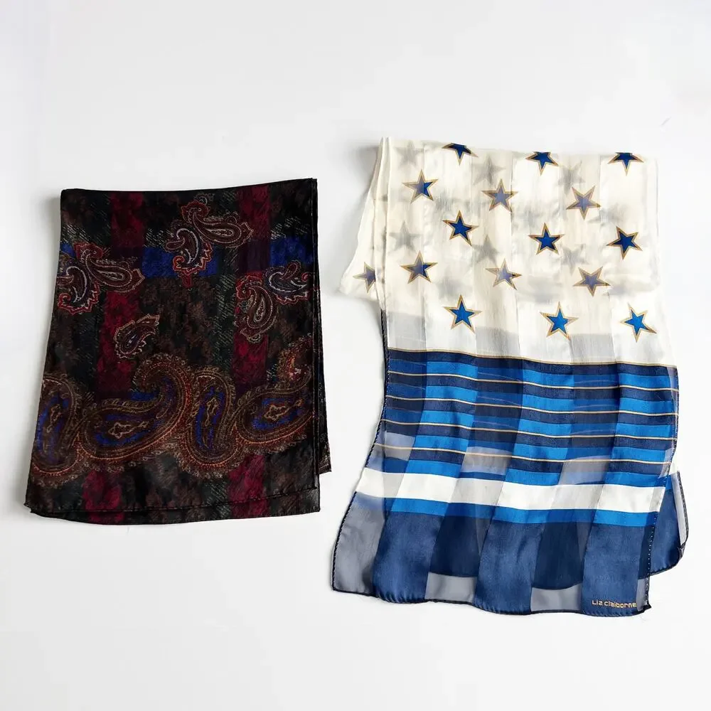 [Vintage] 80s Liz Claiborne Silk Scarves Stars Stripes Paisley Print Purse Scarf